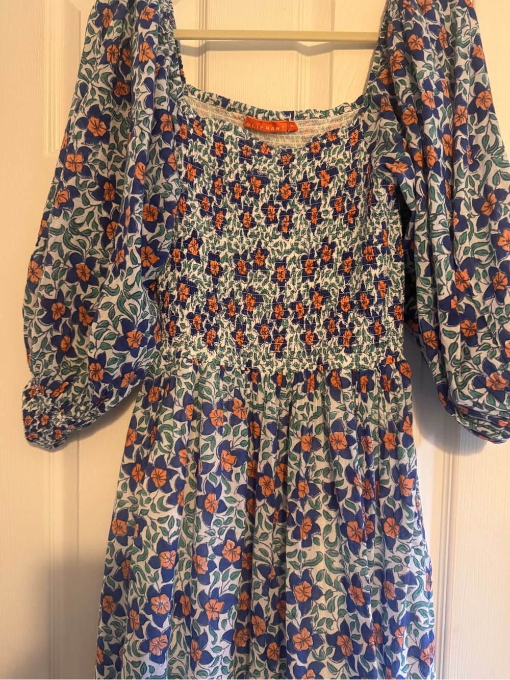 Oliphant Blue Floral Smocked Dress with Orange Flowers